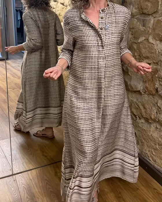 Button Plaid Pocket Slit Dress