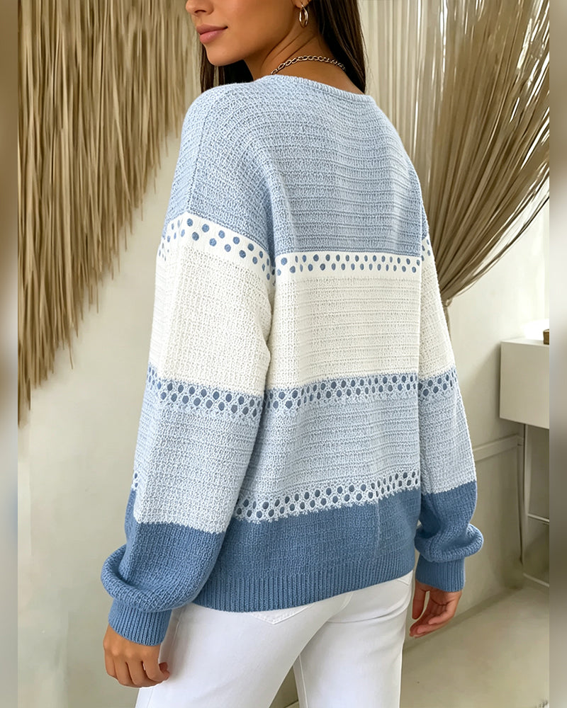 Color Block Waffle Knit Henley Pullover Sweatshirt