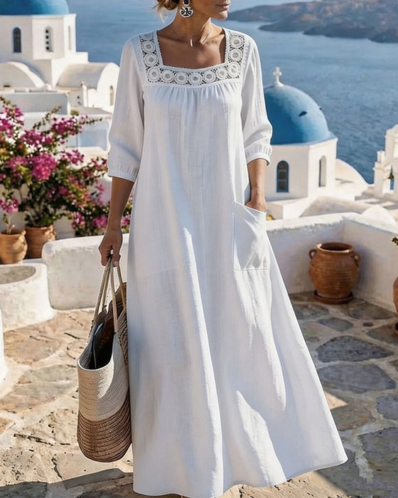 Square Neck Hollow Out Patch Pocket Solid Dress