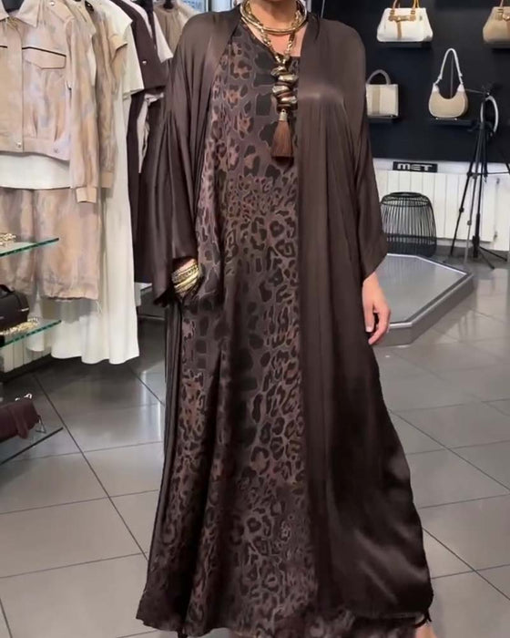Leopard Spaghetti Strap Long Dress and Cardigan Sets