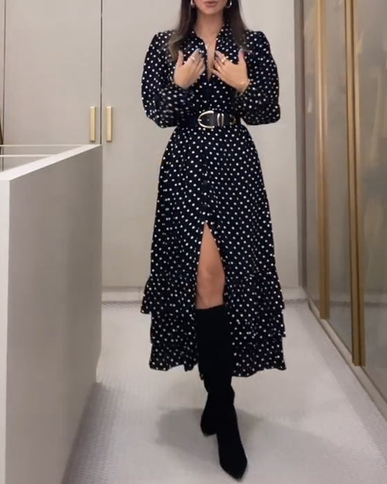 Fashionable polka dot button slit ruffle dress