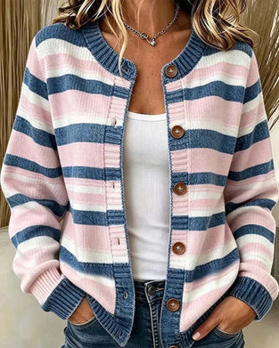 Striped Crew Neck Single-Breasted Cardigan