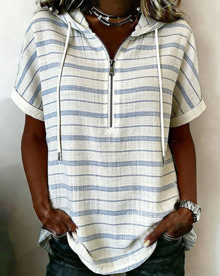 Striped Hooded Zip Short Sleeve Top