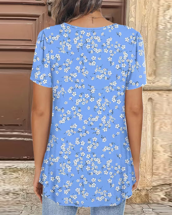 Small Floral Print Crew Neck Short-Sleeved Blouse