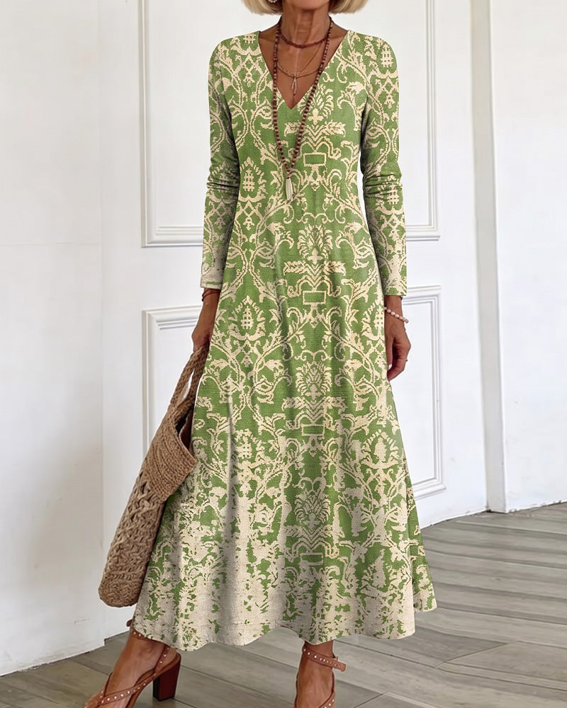 V-Neck A-Line Long Sleeve Maxi Dress