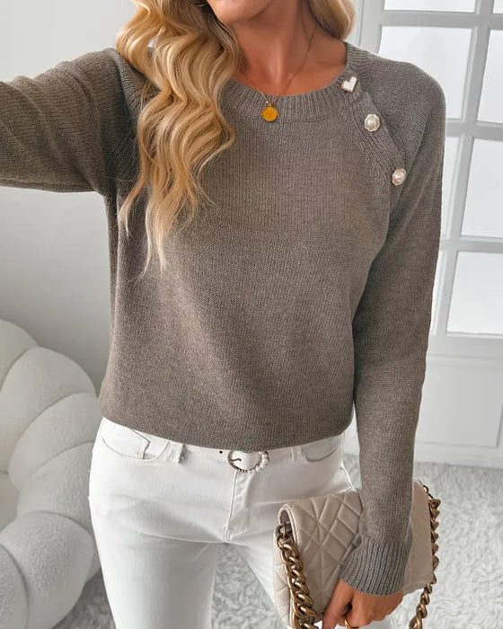 Button-Embellished Raglan Sleeve Sweater