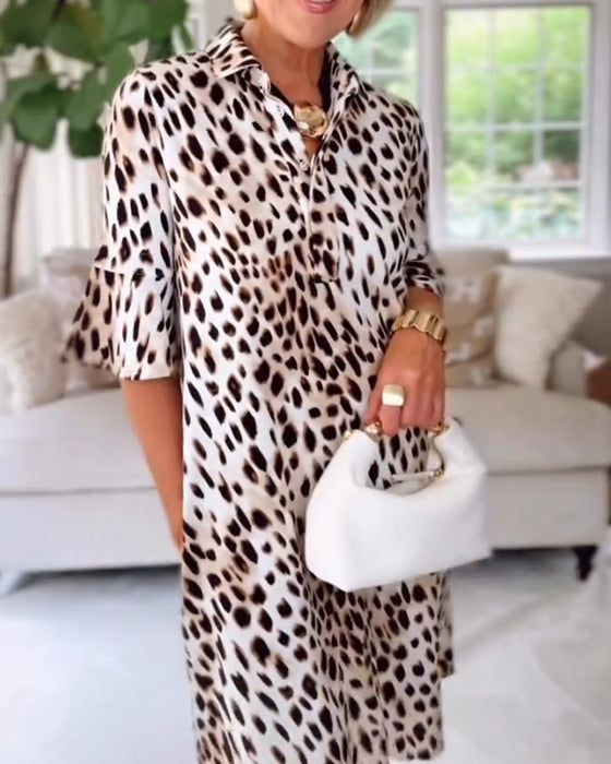 Lapel Leopard Shirt Dress