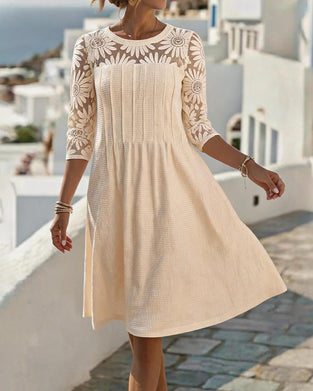 Crew Neck Lace Patchwork Waffle Dress