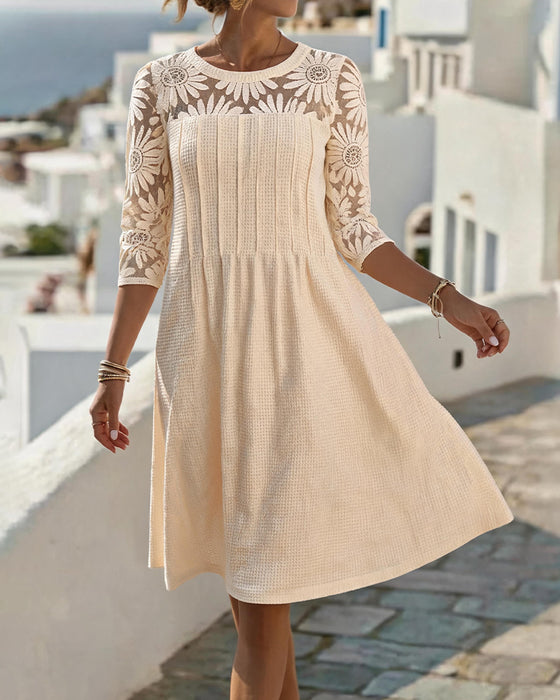 Crew Neck Lace Patchwork Waffle Dress