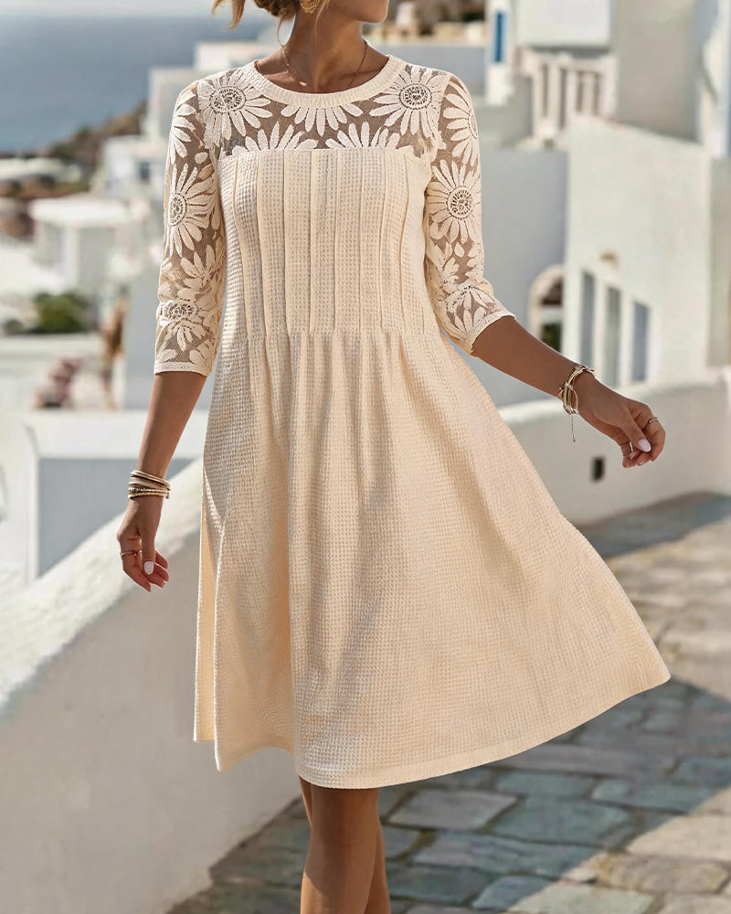 Crew Neck Lace Patchwork Waffle Dress