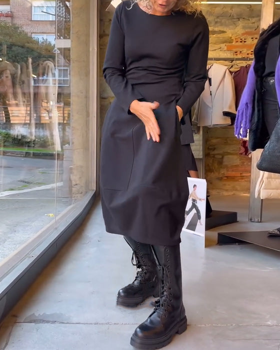 Solid color round neck A-line dress