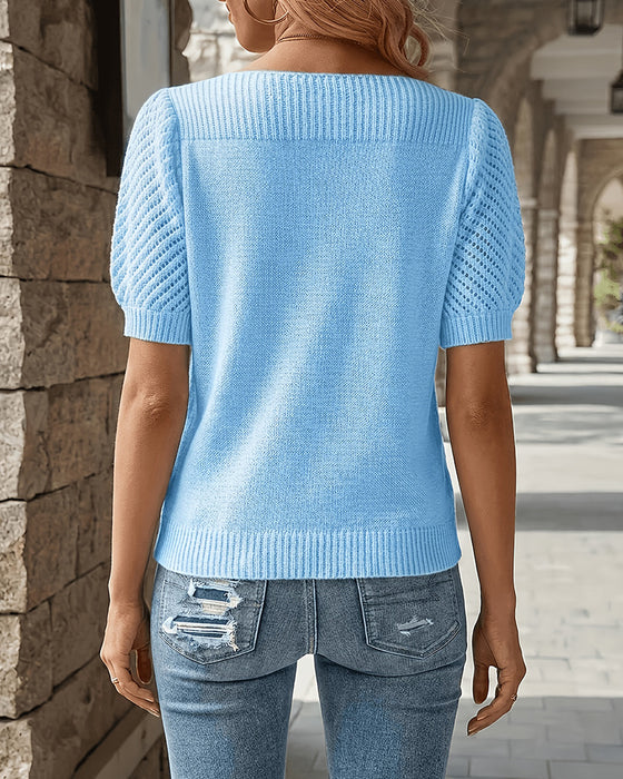 Solid Color Puff Sleeve Short Pullover