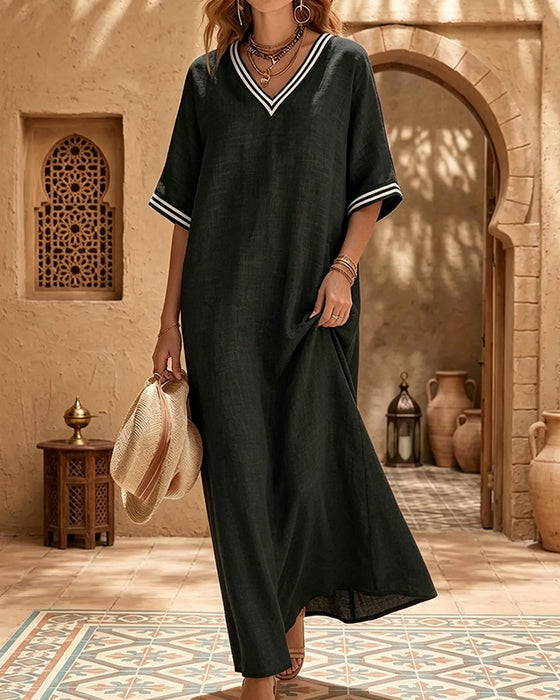 Striped V-Neck Pocket Contrast Dress