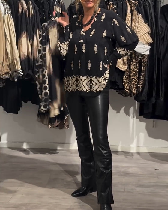 V-neck lantern sleeve printed shirt