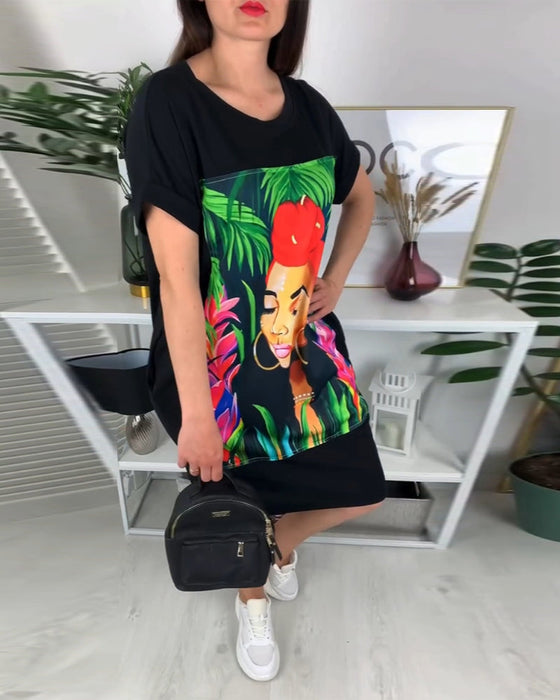 Portrait Printed Round Neck Dress