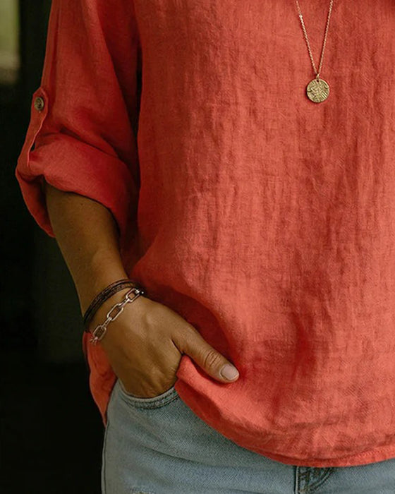 Turn-Down Collar Linen Top