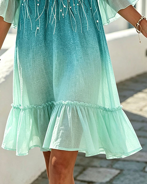 V-Neck Ombre Ruffle Hem Dress