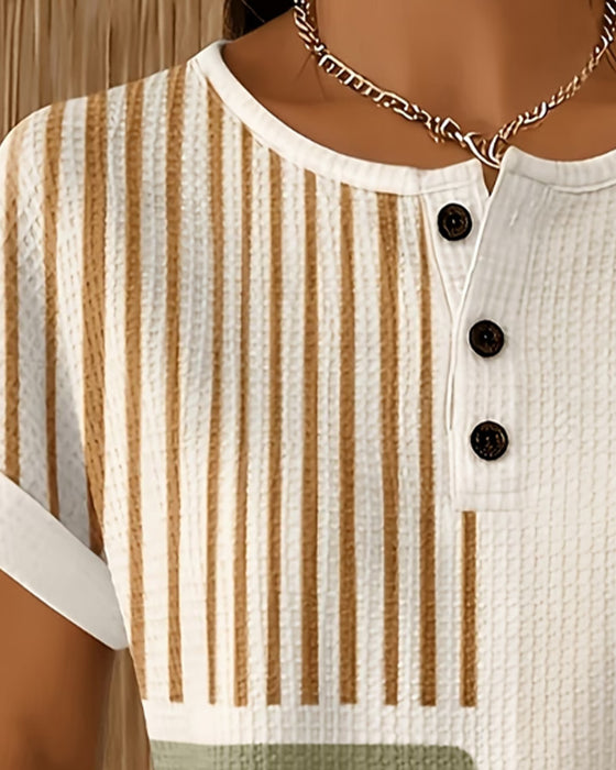 Color Block Stripe Button Crew Neck Blouse