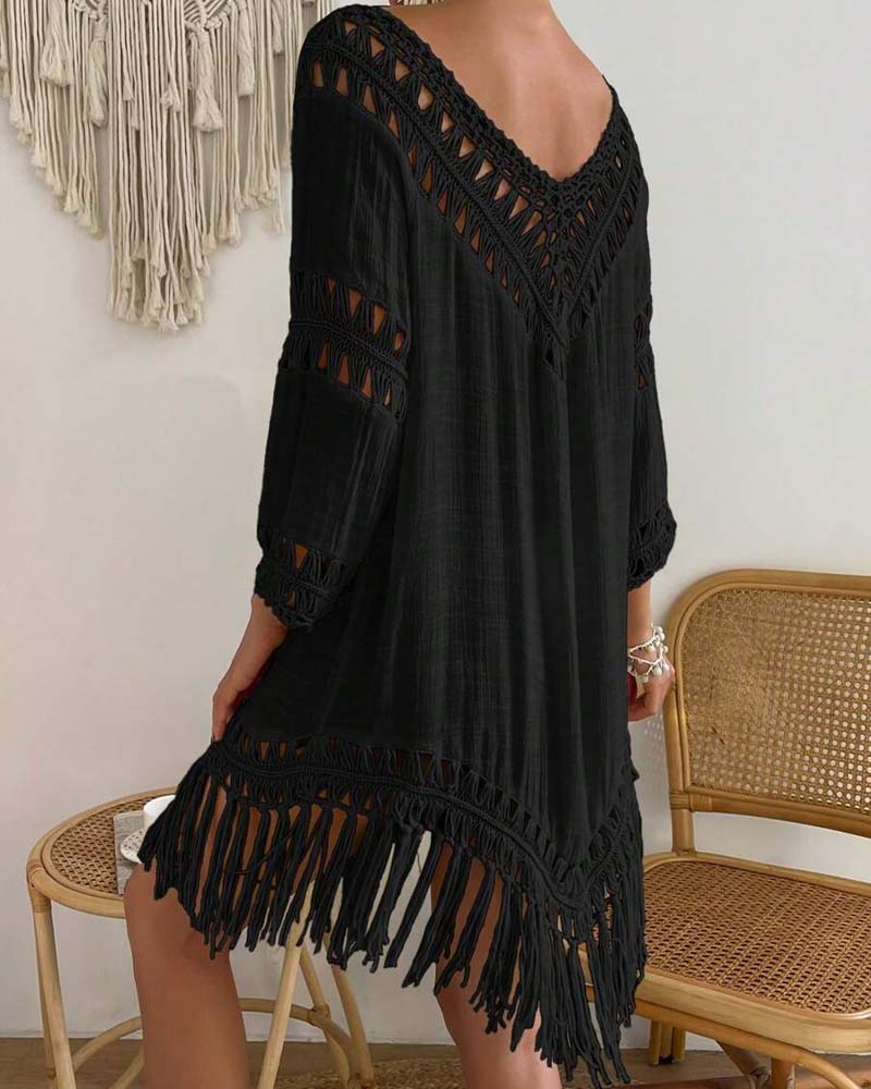 V-Neck Solid Color Hollow Cover Up