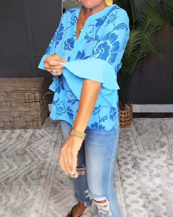 Loose Short-Sleeve Print Blouse