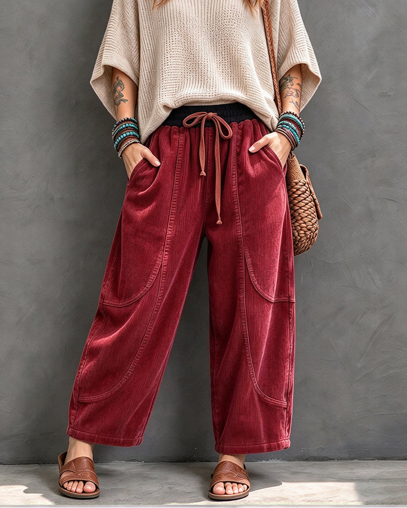 Elastic Waist Color-Block Cropped Wide-Leg Pants