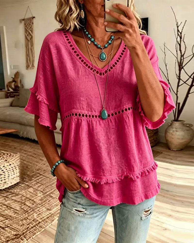 Cutout Fringe V-Neck Flare Sleeve Blouse