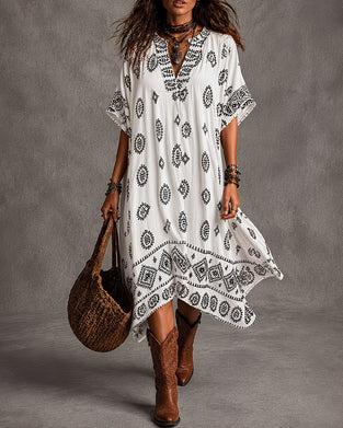 V-Neck Printed Short-Sleeved Dress