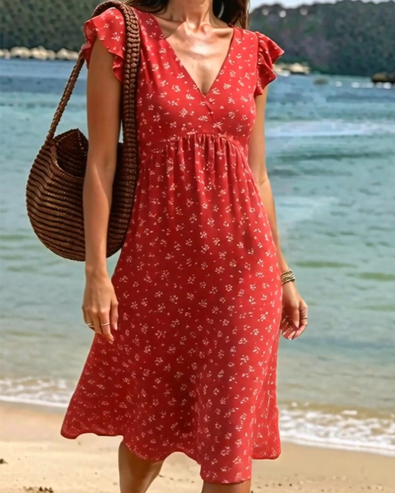 V-Neck Floral Small Flying Sleeves Dress