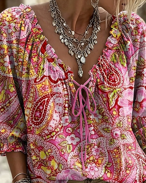 V-Neck Tie Print Bubble Sleeve Blouse
