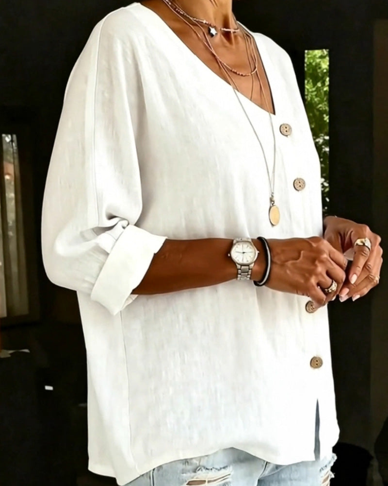 Asymmetrical Placket Solid Color Button-Front Shirt