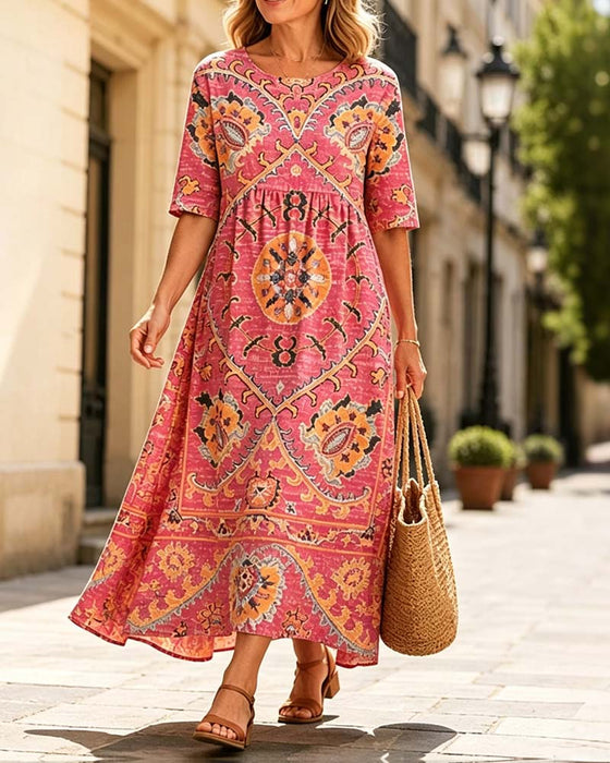 Ruffled Neck Print Flared Skirt Dress