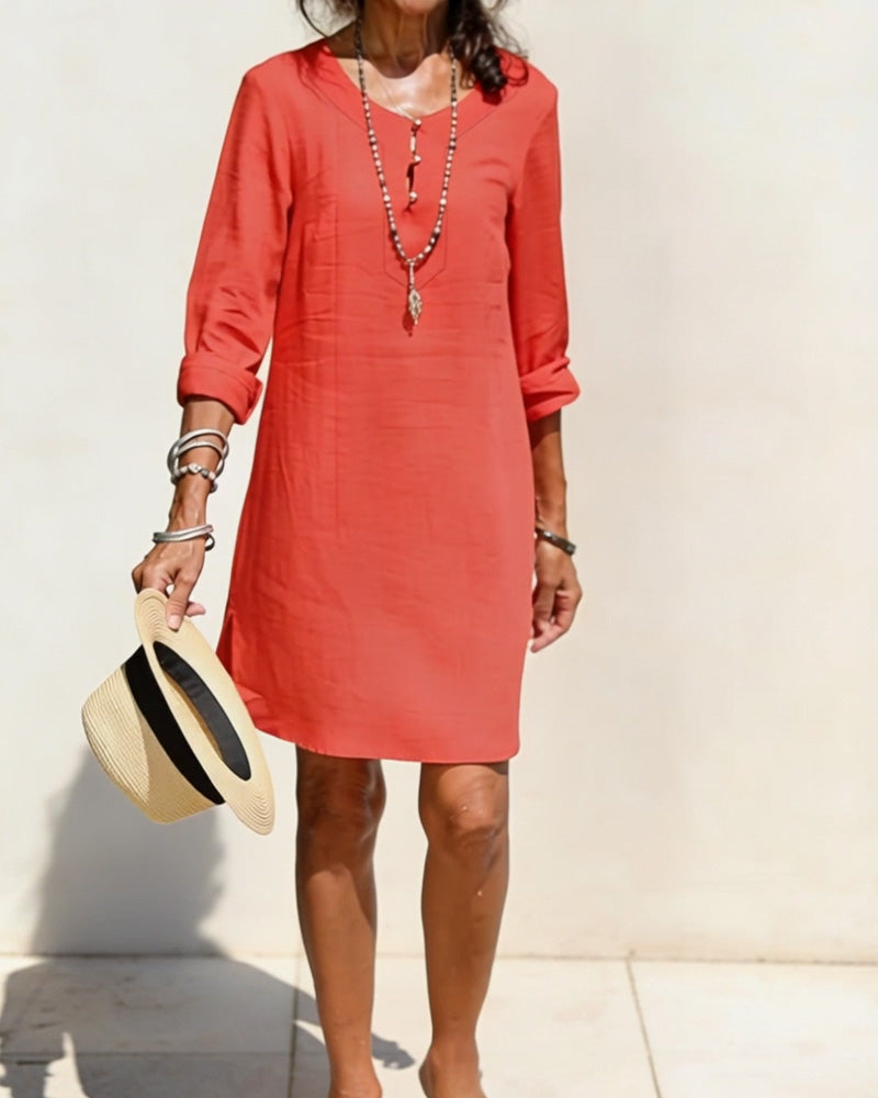 Half Placket Side Slit Cotton And Linen Dress