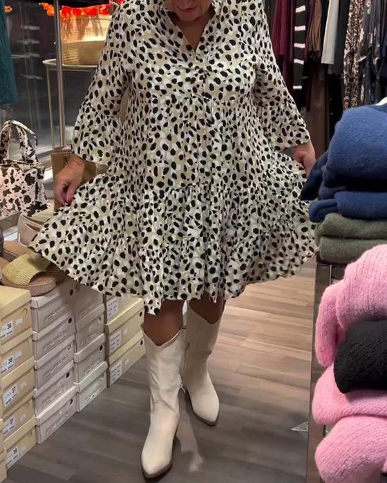 Bell Sleeves Stand Collar Printed Dress