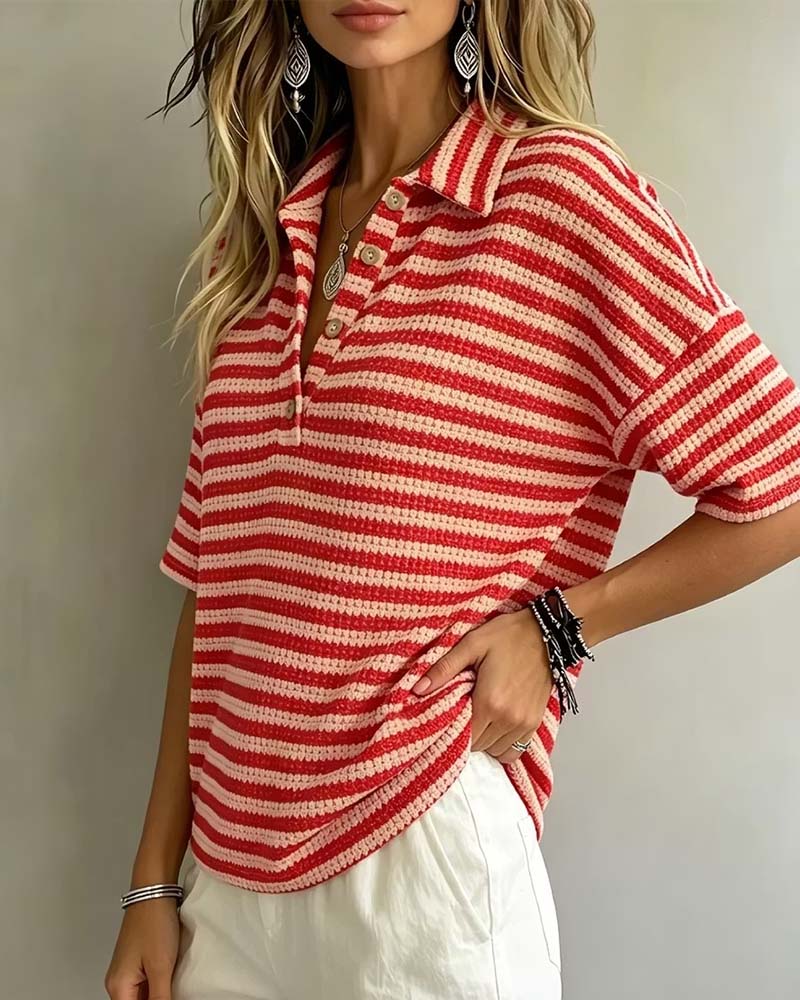 Polo Collar Striped Button-Front Blouse
