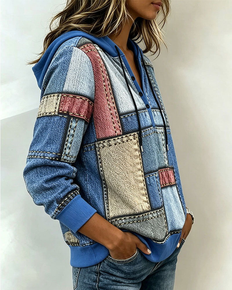 V-Neck Color-Block Button Hoodie