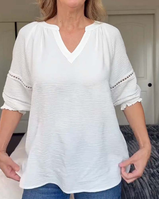 V-Neck Cutout Ruffle Solid Blouse