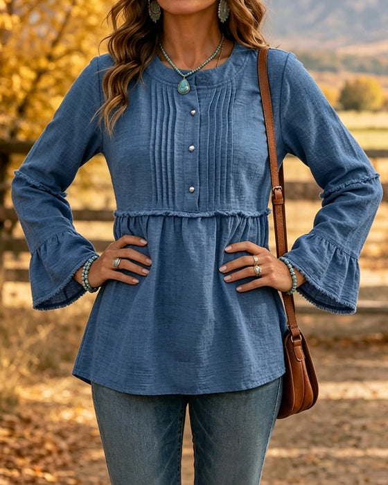 Solid Color Round Neck Blouse
