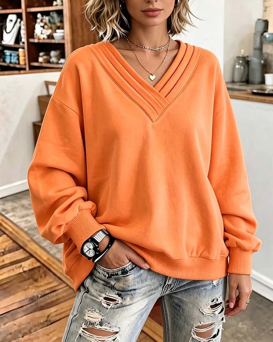 Double Layer V-Neck Drop Shoulder Loose Sweatshirt