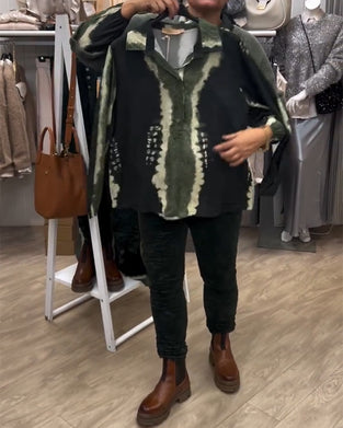 Lapel Retro Color Block Long Sleeve Shirt