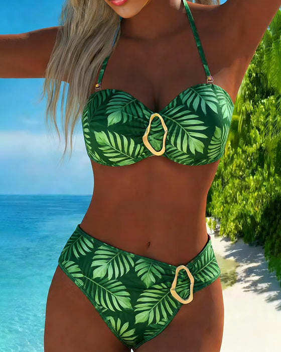 Metal Buckle Leaf Print Bikini