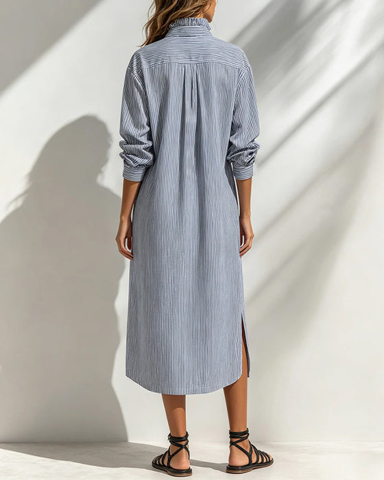 Casual Stand Collar Striped Slit Dress
