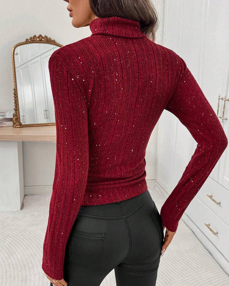 Shimmering Fleece-Lined Turtleneck Top