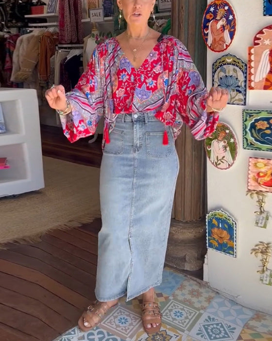 V-Neck Printed Long Sleeve Blouse