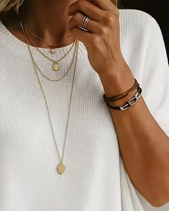 Crew Neck Elbow-Length Sleeve Loose Solid Pullover