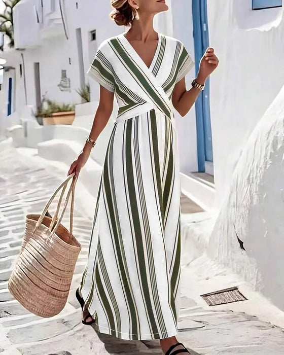 Cross V-Neck Stripe Wrap Long Dress