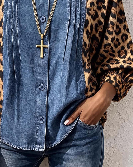 Crew Neck Button Leopard Denim Patchwork Blouse