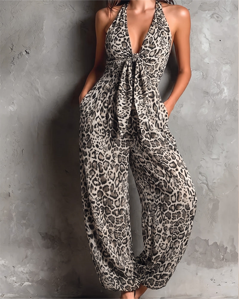 Leopard Print Suspender Wide Leg Jumpsuit