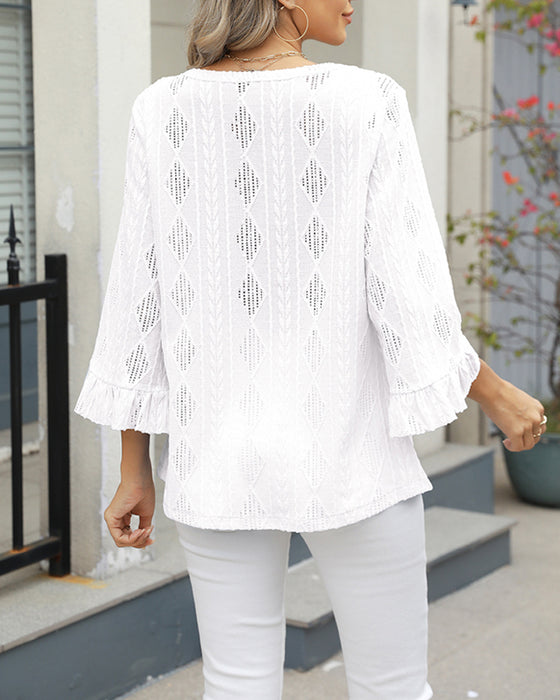 Diamond Check Hollow Trumpet Sleeve Top