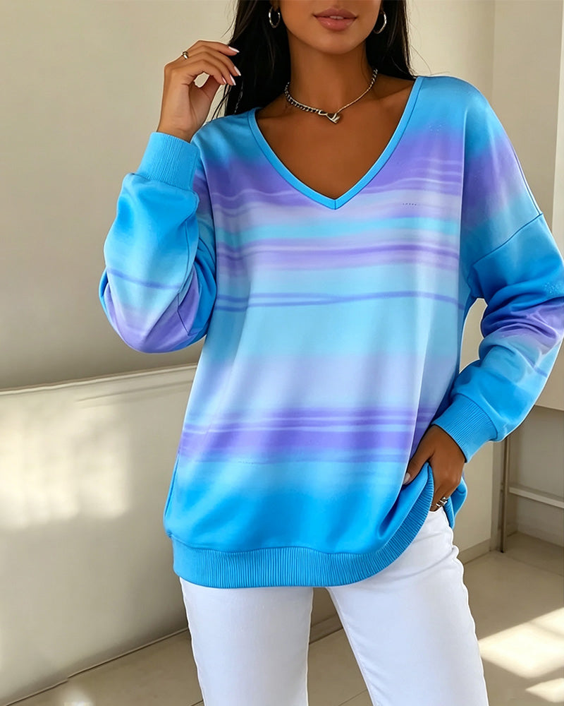 V-Neck Long Sleeve Ombre Sweatshirts