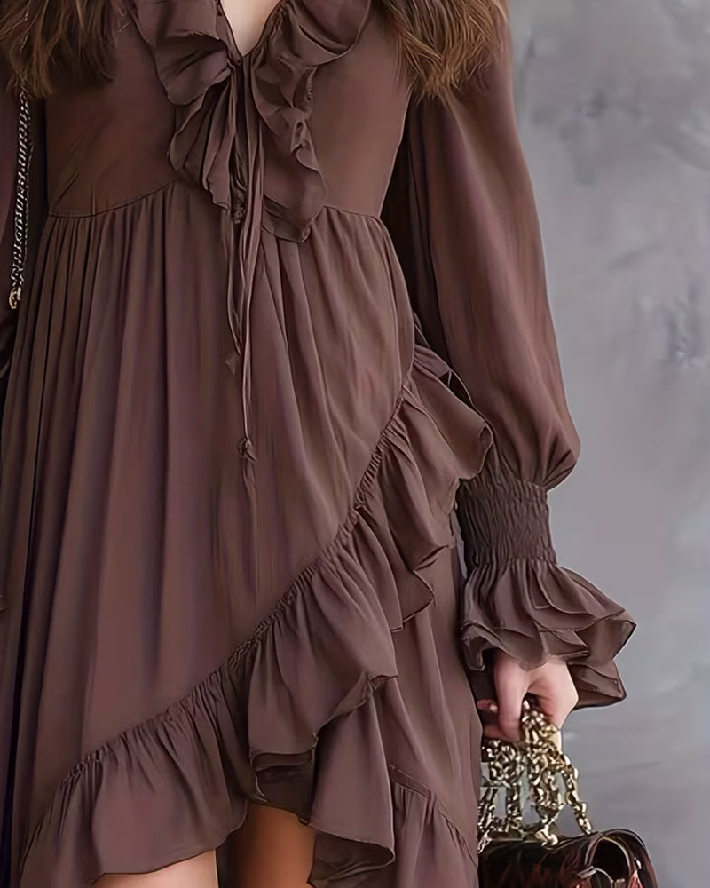 Lantern Sleeve Ruffled Asymmetrical Dress